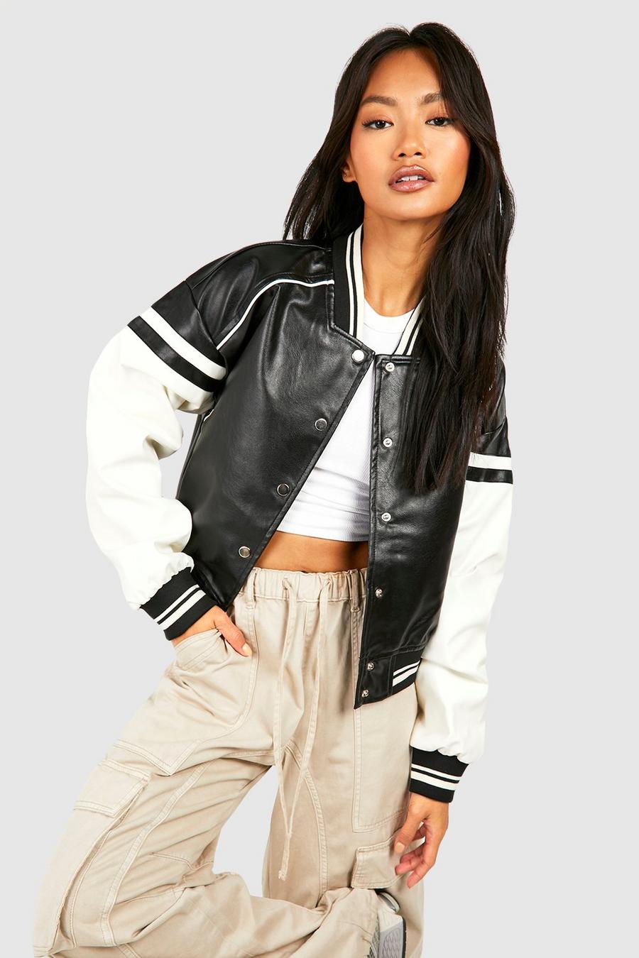 Black Faux Leather Contrast Detail Bomber Jacket 