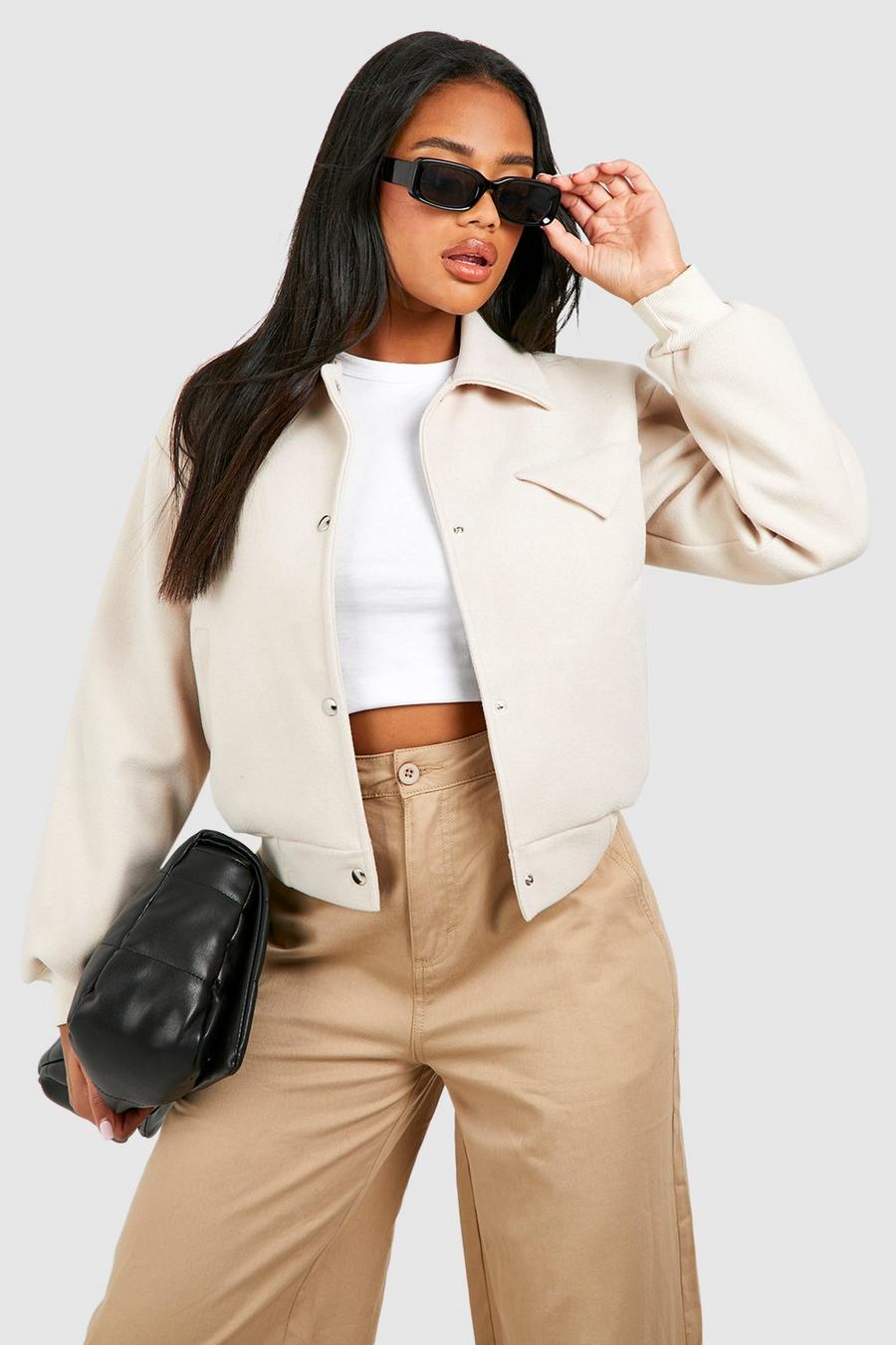 Chaqueta bomber crop efecto lana con cuello, Off white