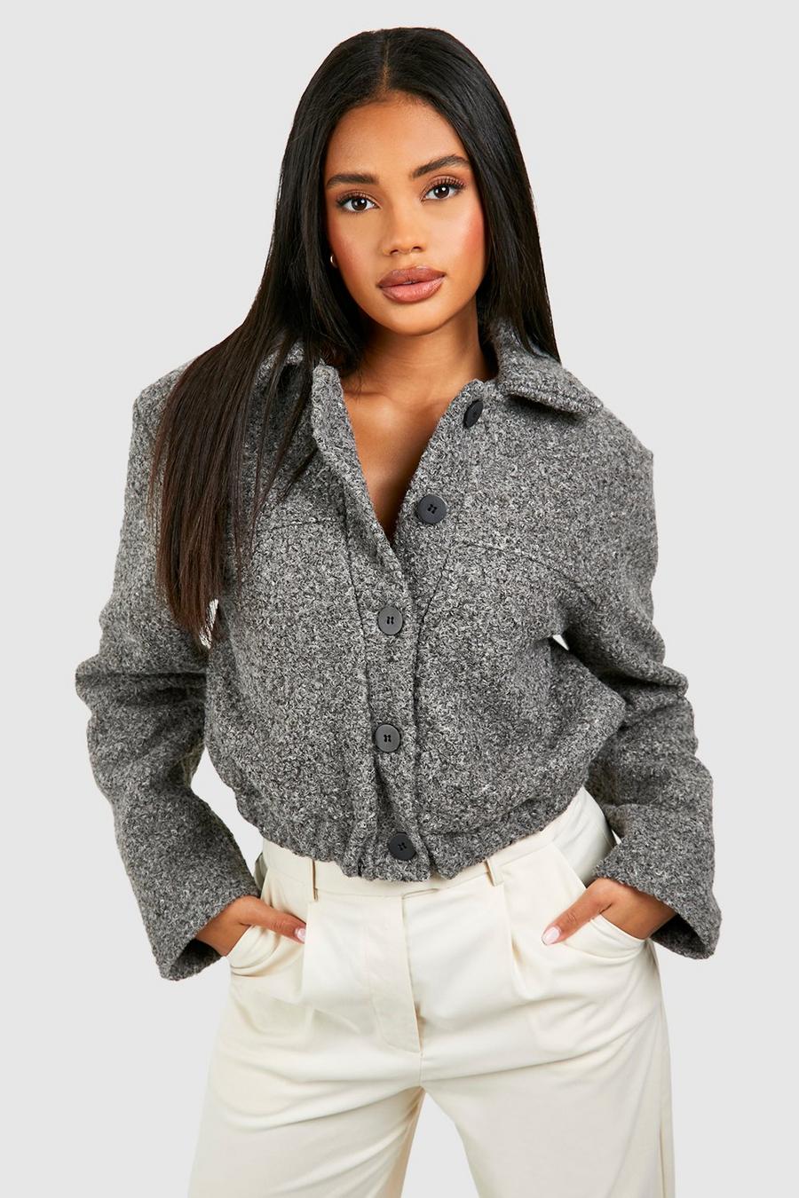 Grey marl Textured Wool Look Button Crop Jacket