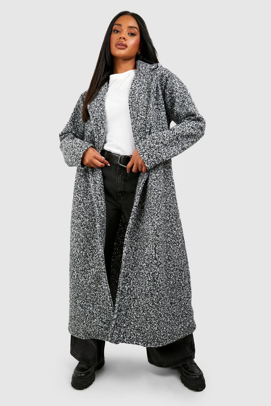 Cappotto effetto lana con trama e cintura, Grey marl
