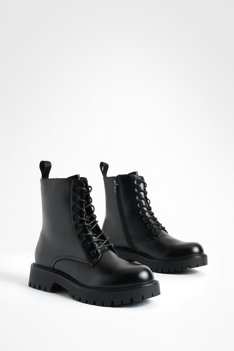 Black Back Tab Lace Up Biker Boots