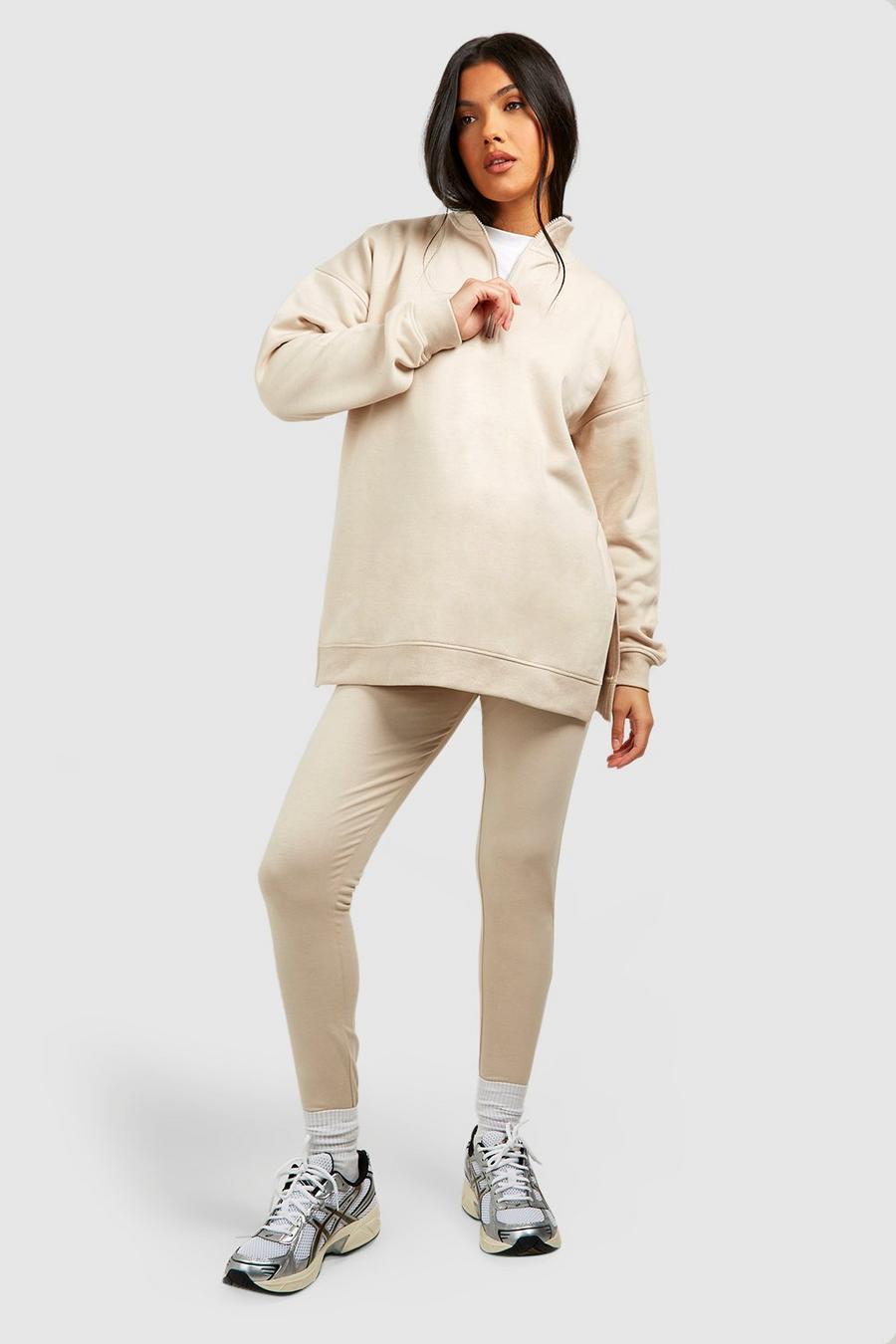 Umstandsmode Oversize Sweatshirt mit halbem Reißverschluss & Leggings, Stone