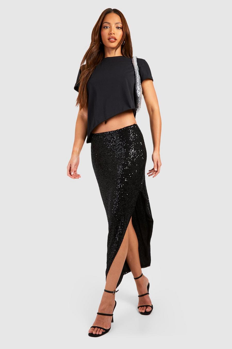Black Tall Sequin Wrap Midi Skirt image number 1