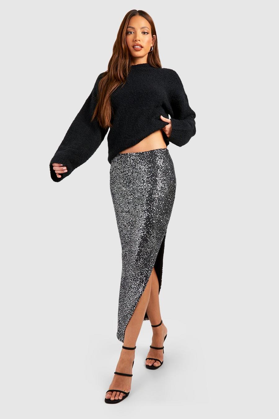 Pewter Tall Sequin Wrap Midi Skirt