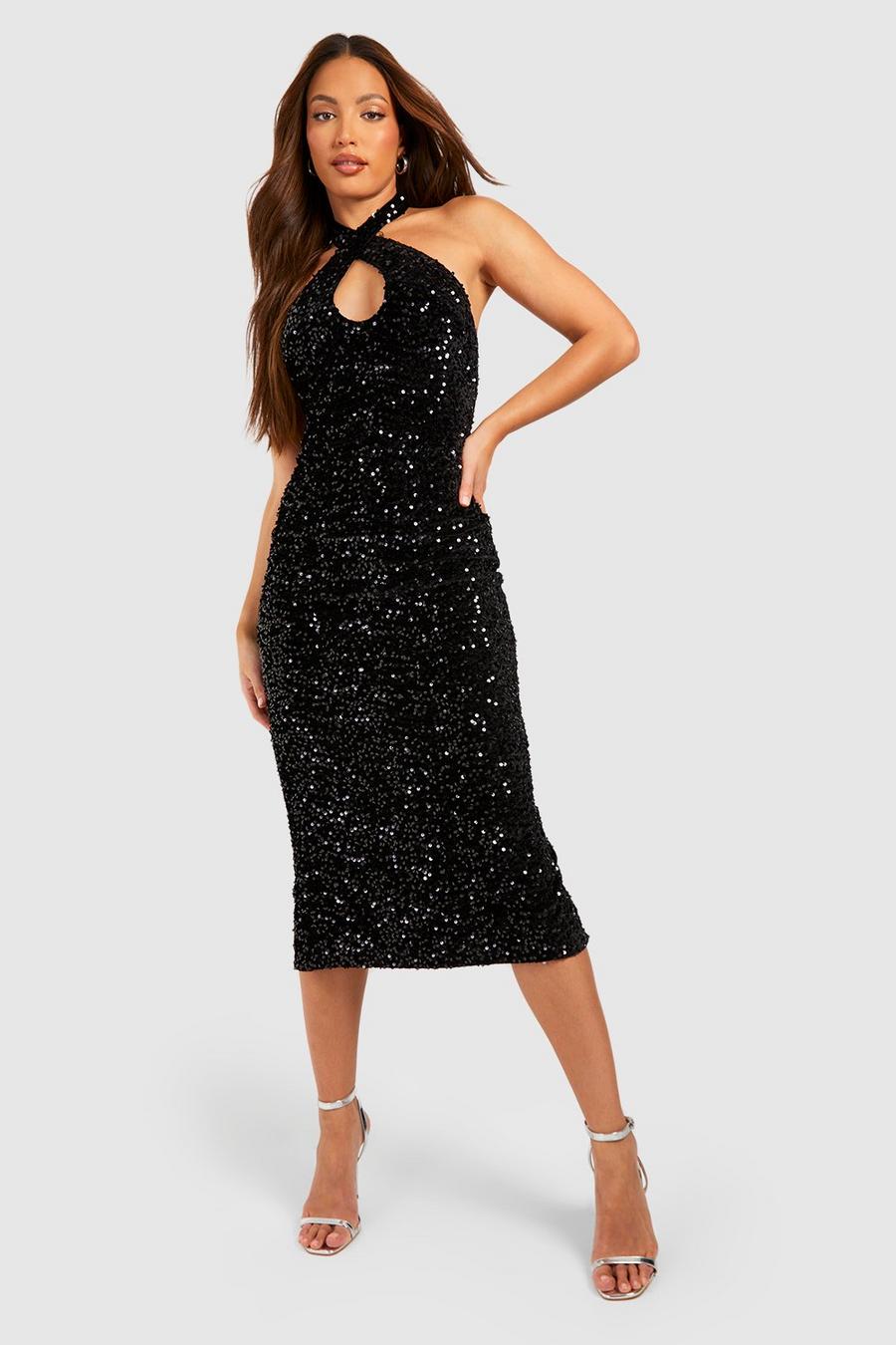 Black Tall Velvet Sequin Halter Keyhole Midaxi Dress