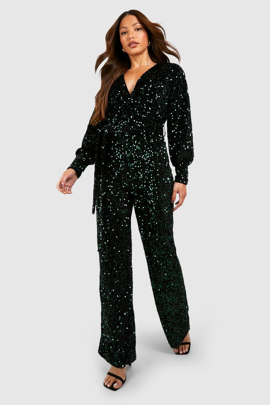 Green Tall Sequin Wrap Belted Jumpsuit