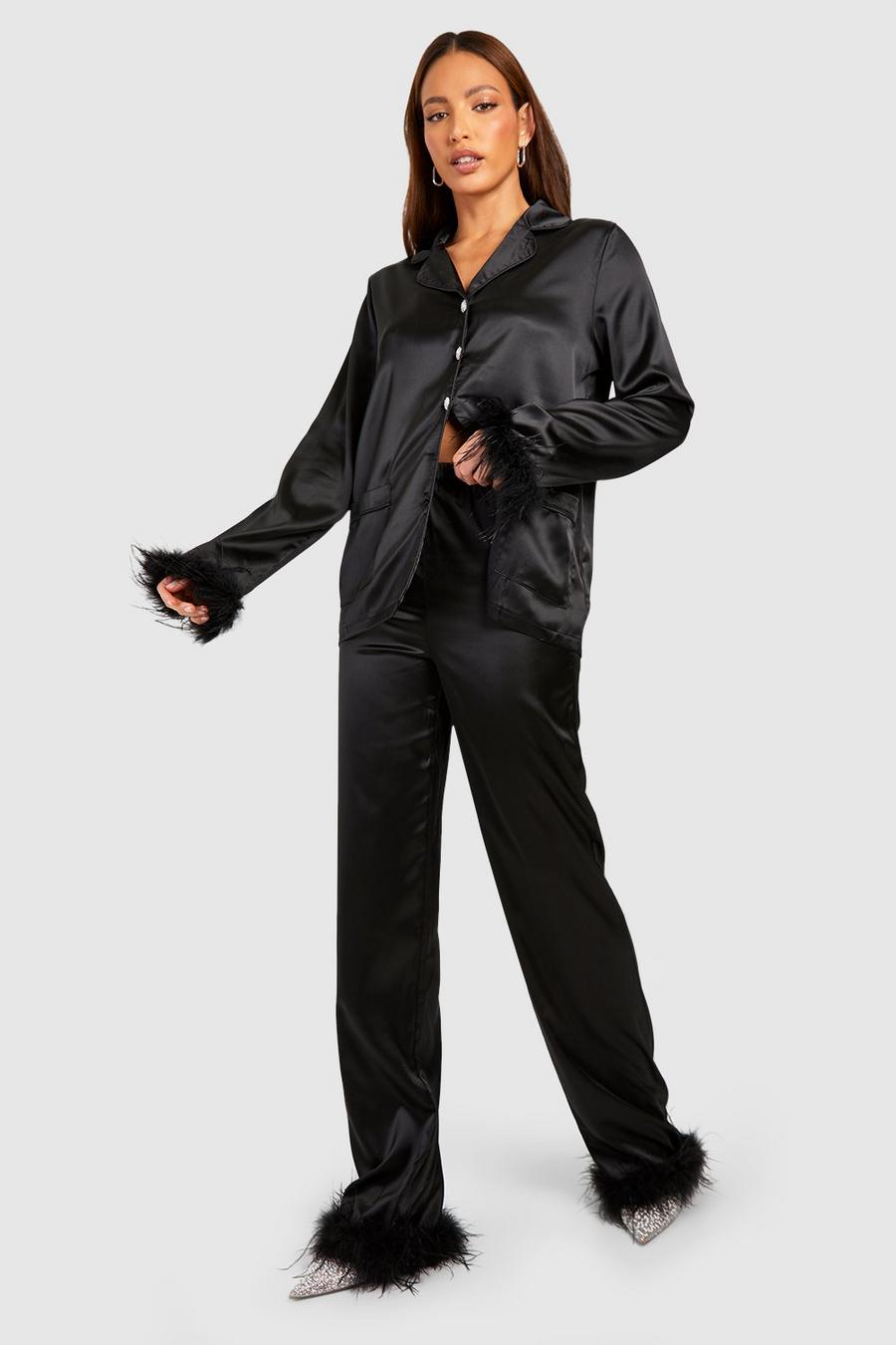 Tall lockere flauschige Hose mit geradem Bein und Feder-Detail, Black image number 1