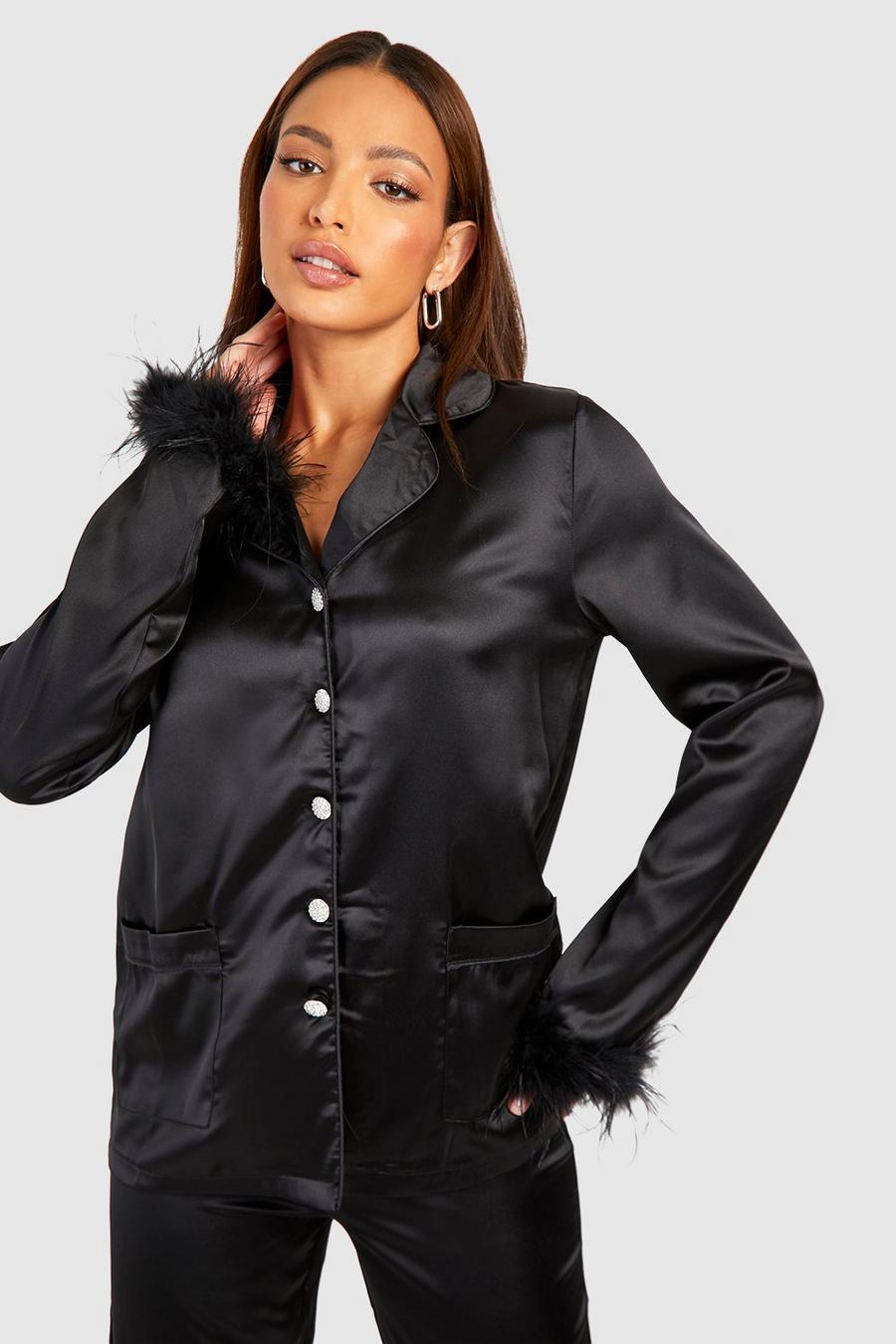 Black Tall Fluffy Feather Trim Rhinestone Button Satin Shirt