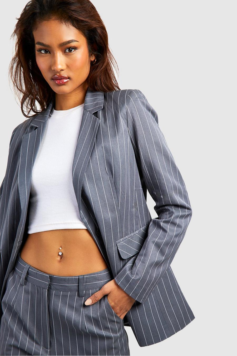 Grey Tall Pinstripe Single Breasted Relaxed Blazer