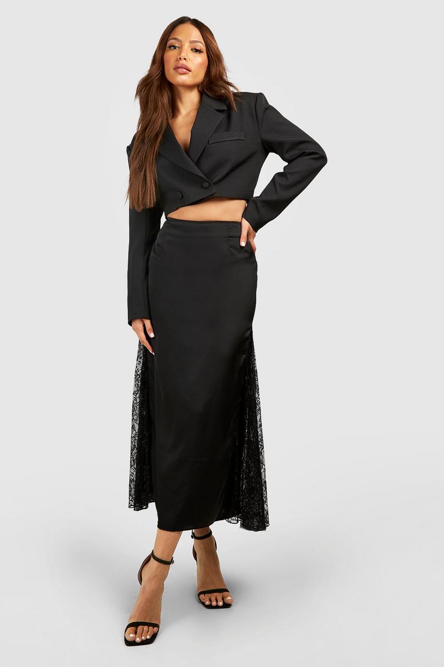 Black Tall Lace Insert Midi Satin Skirt