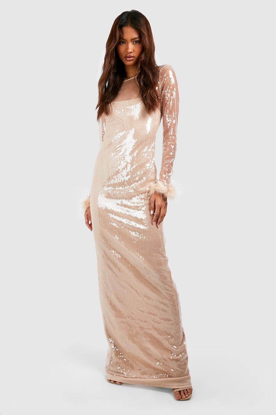 Nude Tall Sequin Fluffy Feather Trim Maxi Dress