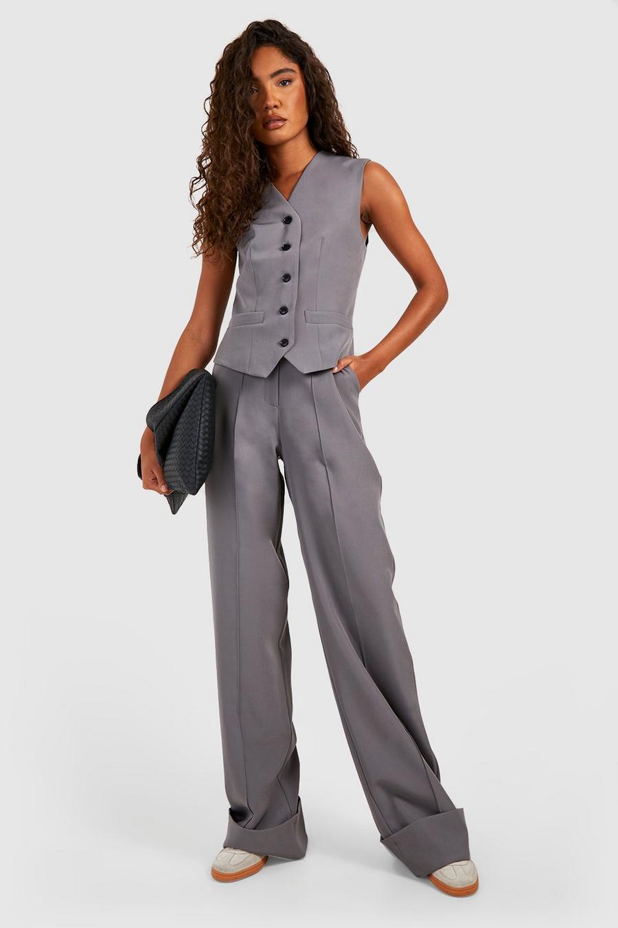Charcoal Tall Tailored Turn Up Cuff Wide Leg Trousers