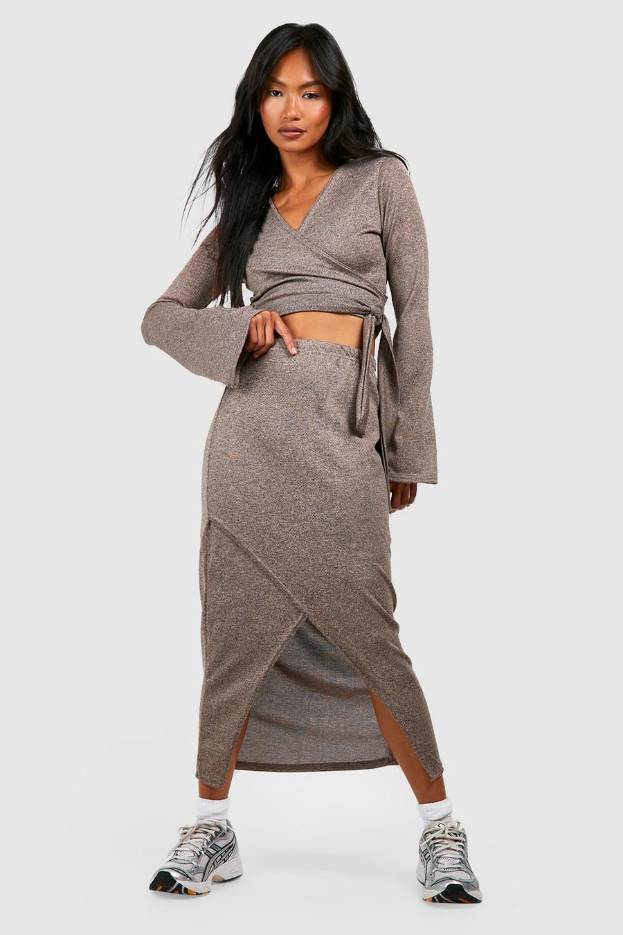 Desert sand Super Soft Marl Wrap Midi Skirt