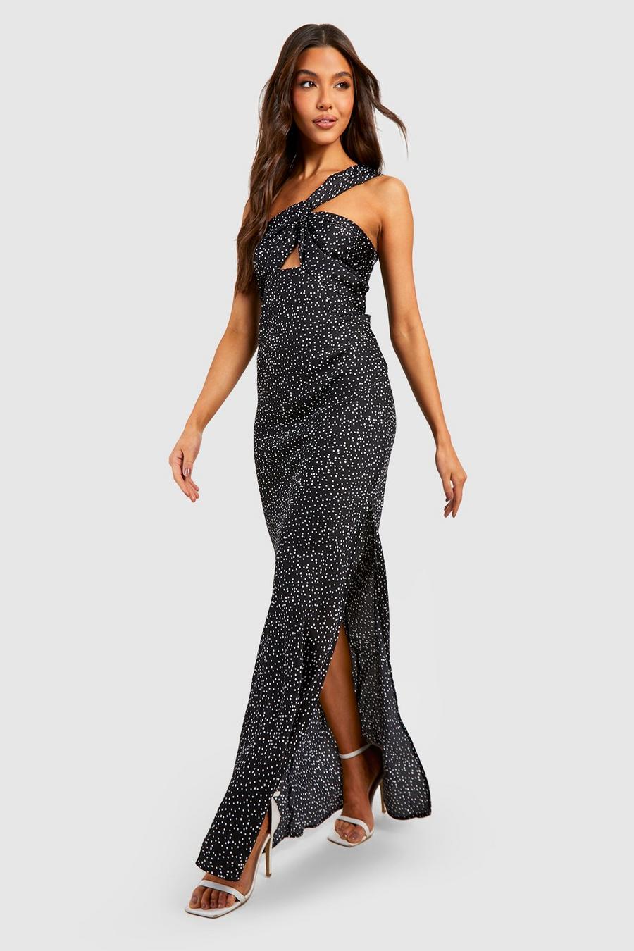 Black Polka Dot Satin Twist Asymmetric Maxi Dress