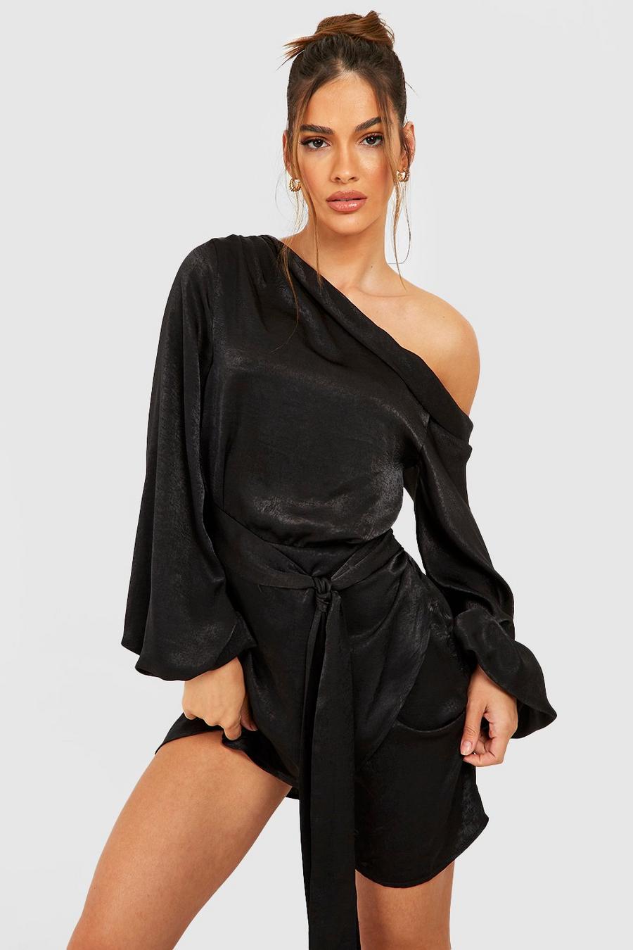 Black Satin Draped One Shoulder Mini Dress