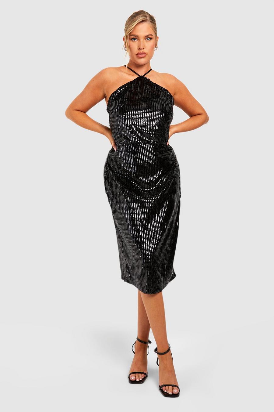 Black Plus Matte Sequin Halter Midi Dress