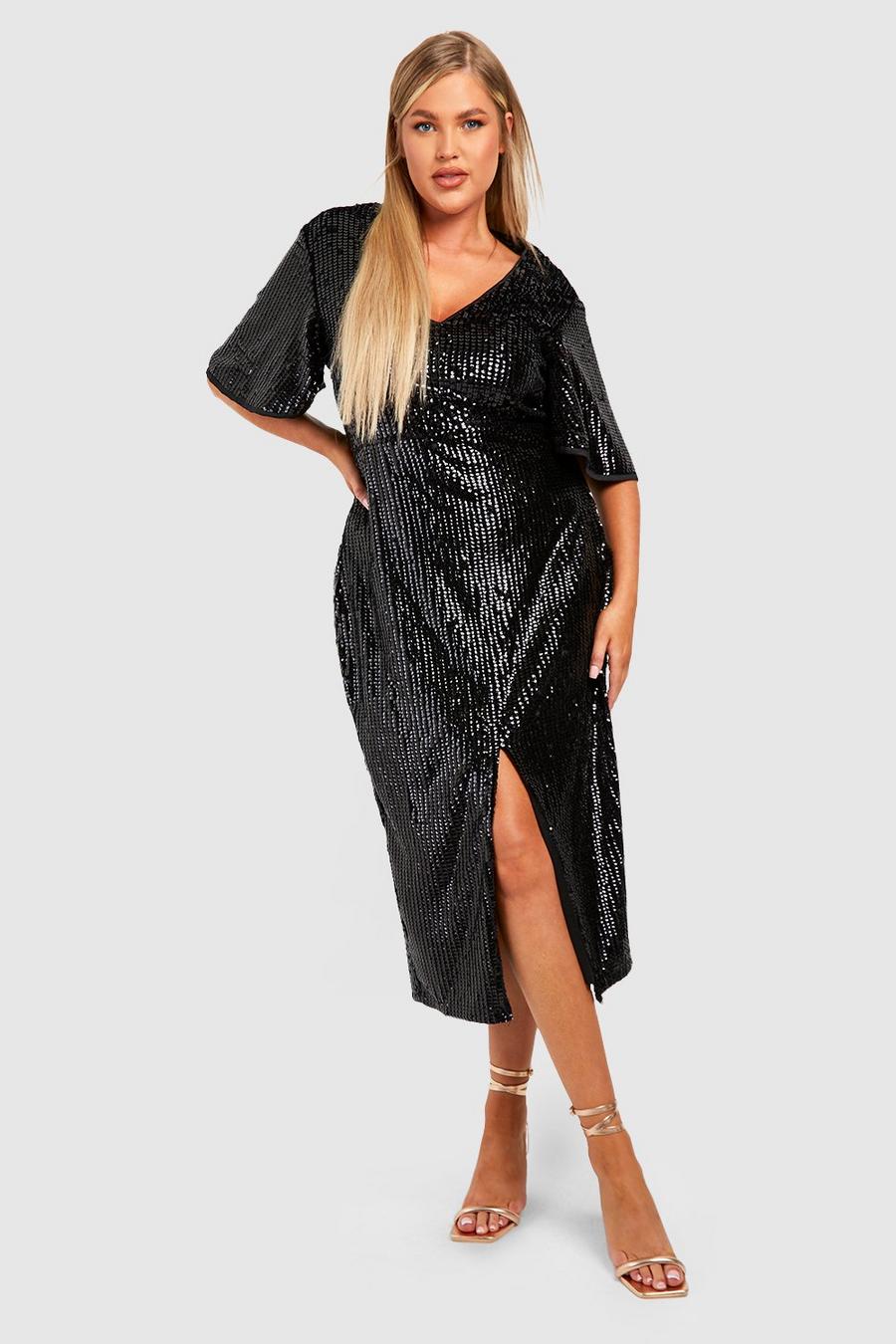 Black Plus Matte Sequin Angel Sleeve Midi Dress