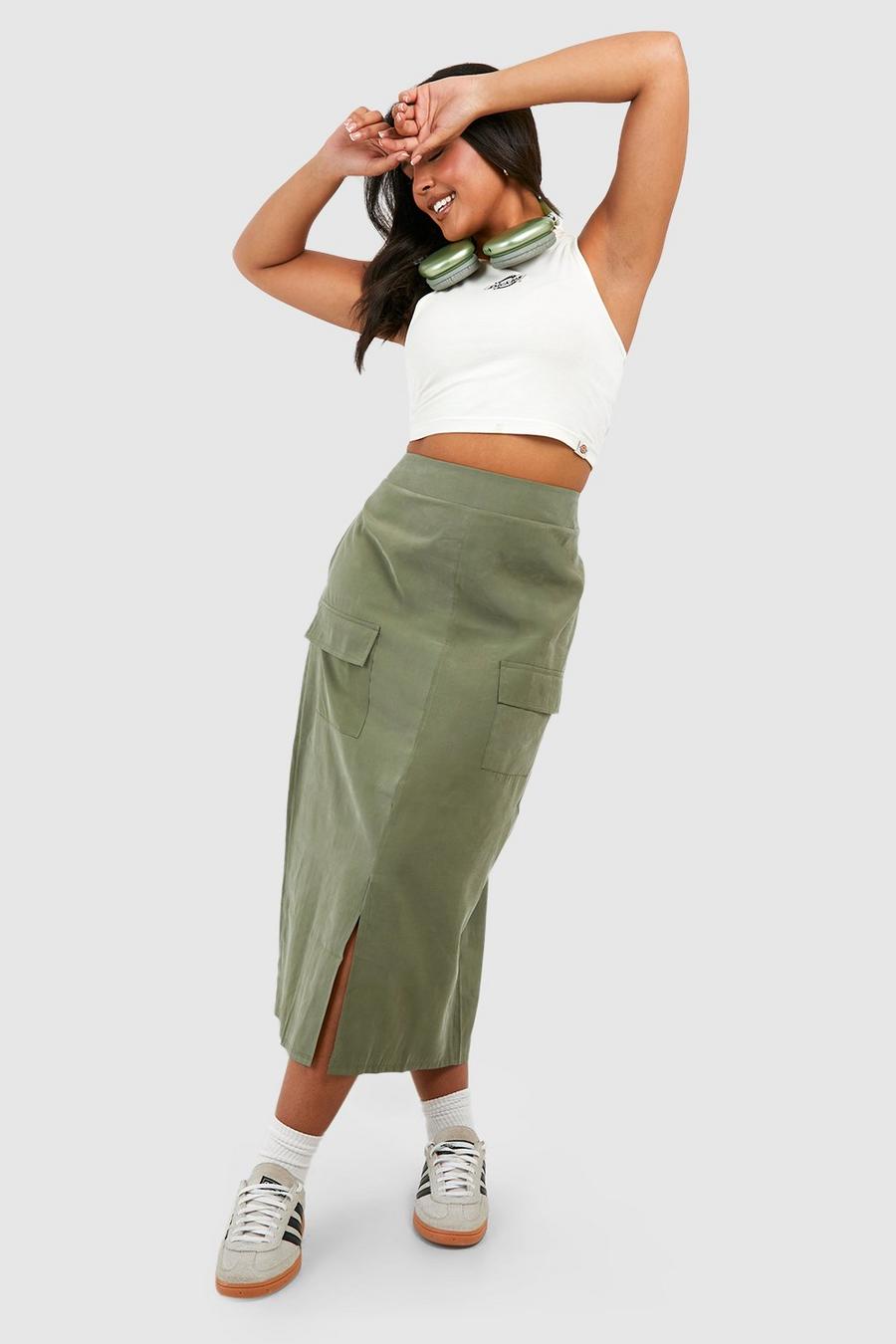 Khaki Plus Woven Pocket Detail Cargo Midaxi Skirt 