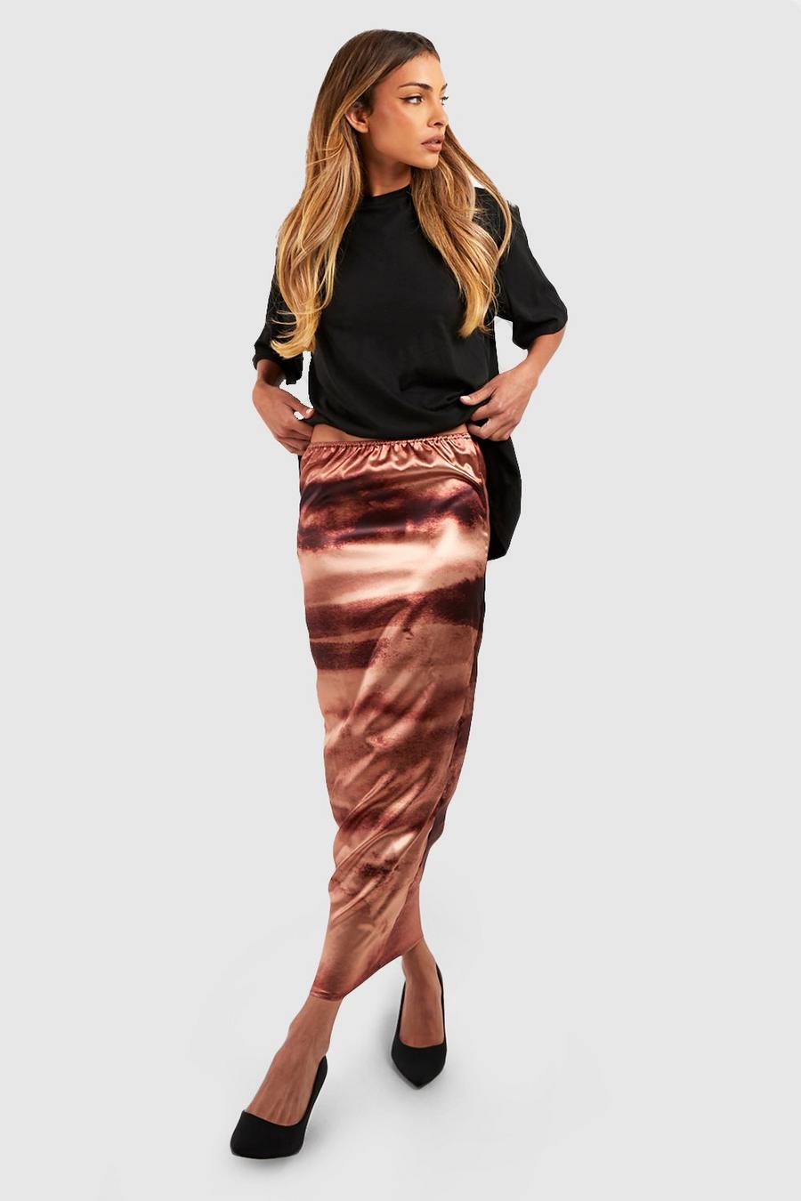 Chocolate Satin Marble Print Midaxi Skirt
