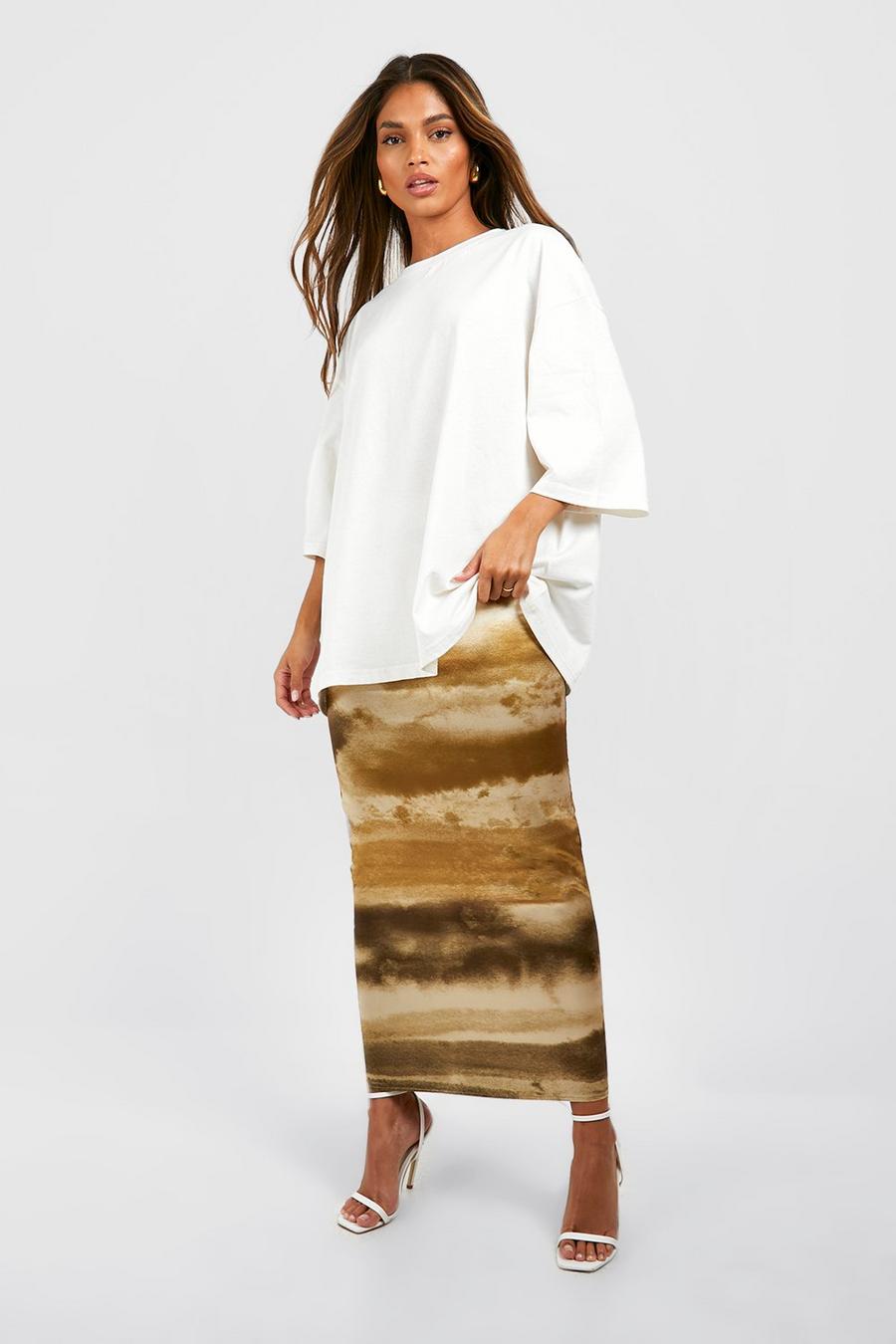 Olive Satin Marble Print Midi Skirt
