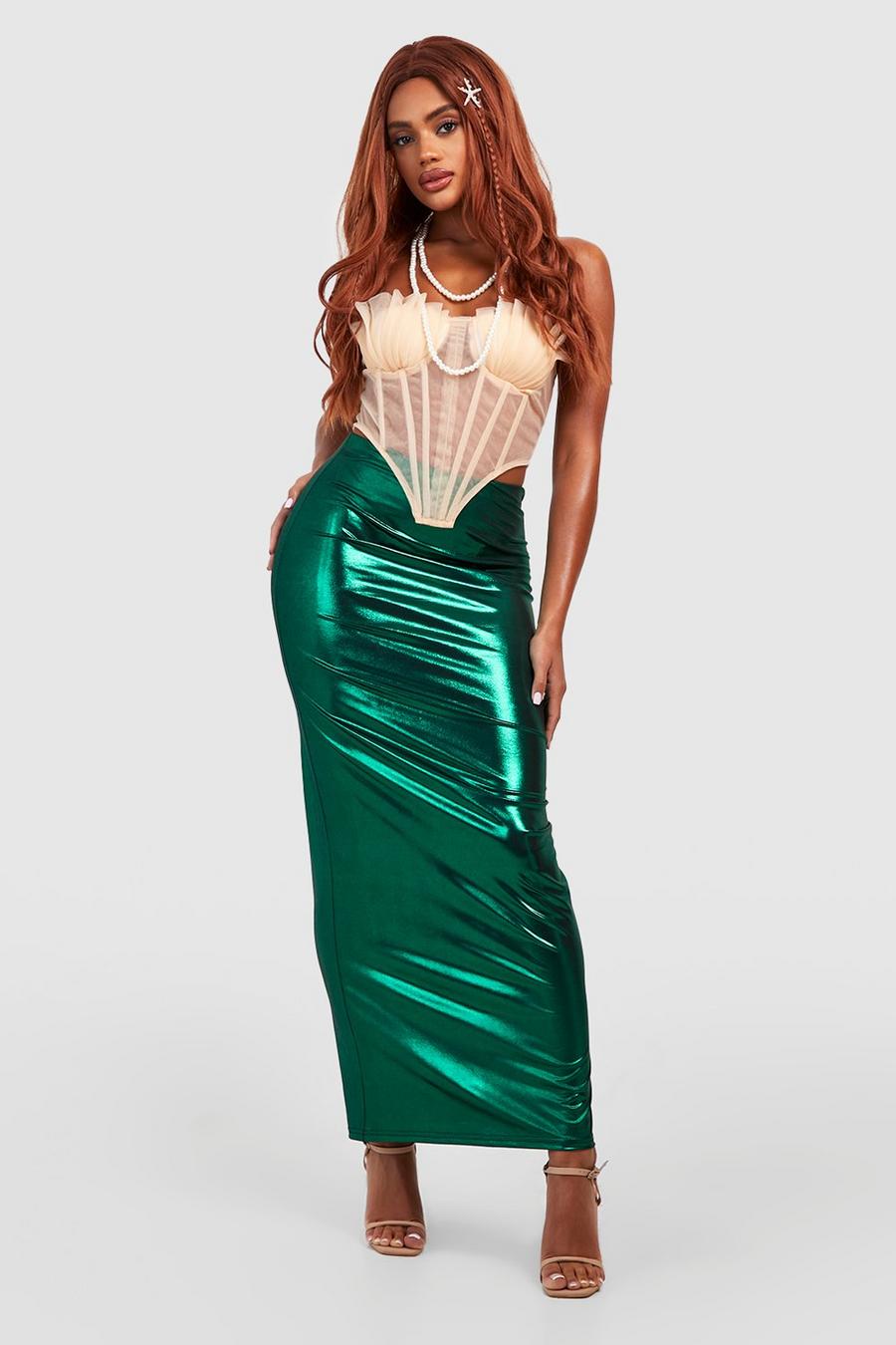 Green Metallic Slip Fishtail Maxi Skirt