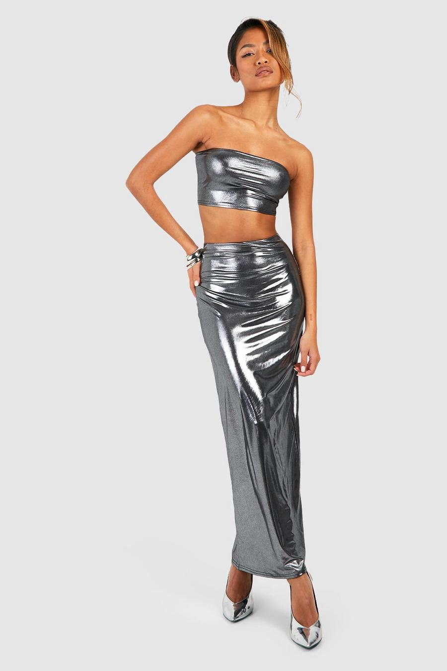 Silver Metallic Slip Fishtail Maxi Skirt