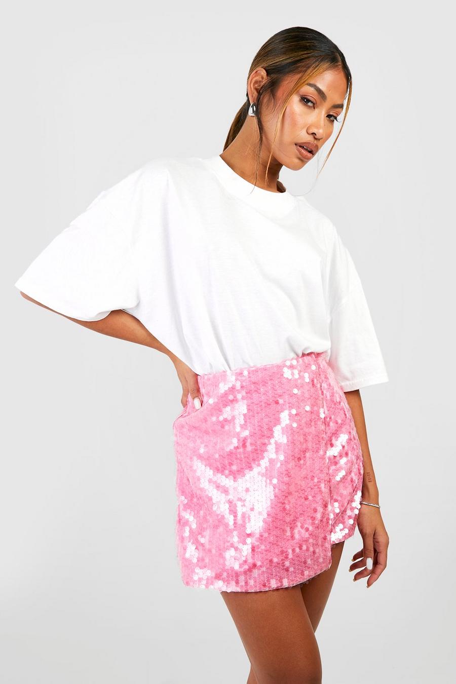 Pink Sheer Sequin Wrap Mini Skirt