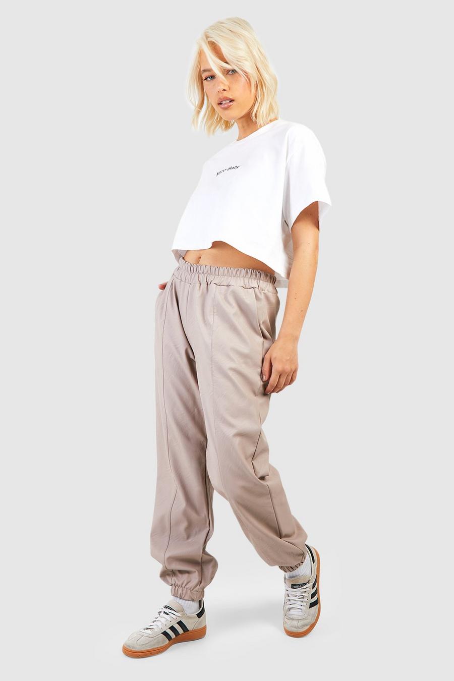 Taupe Leather Look Boyfriend Joggers