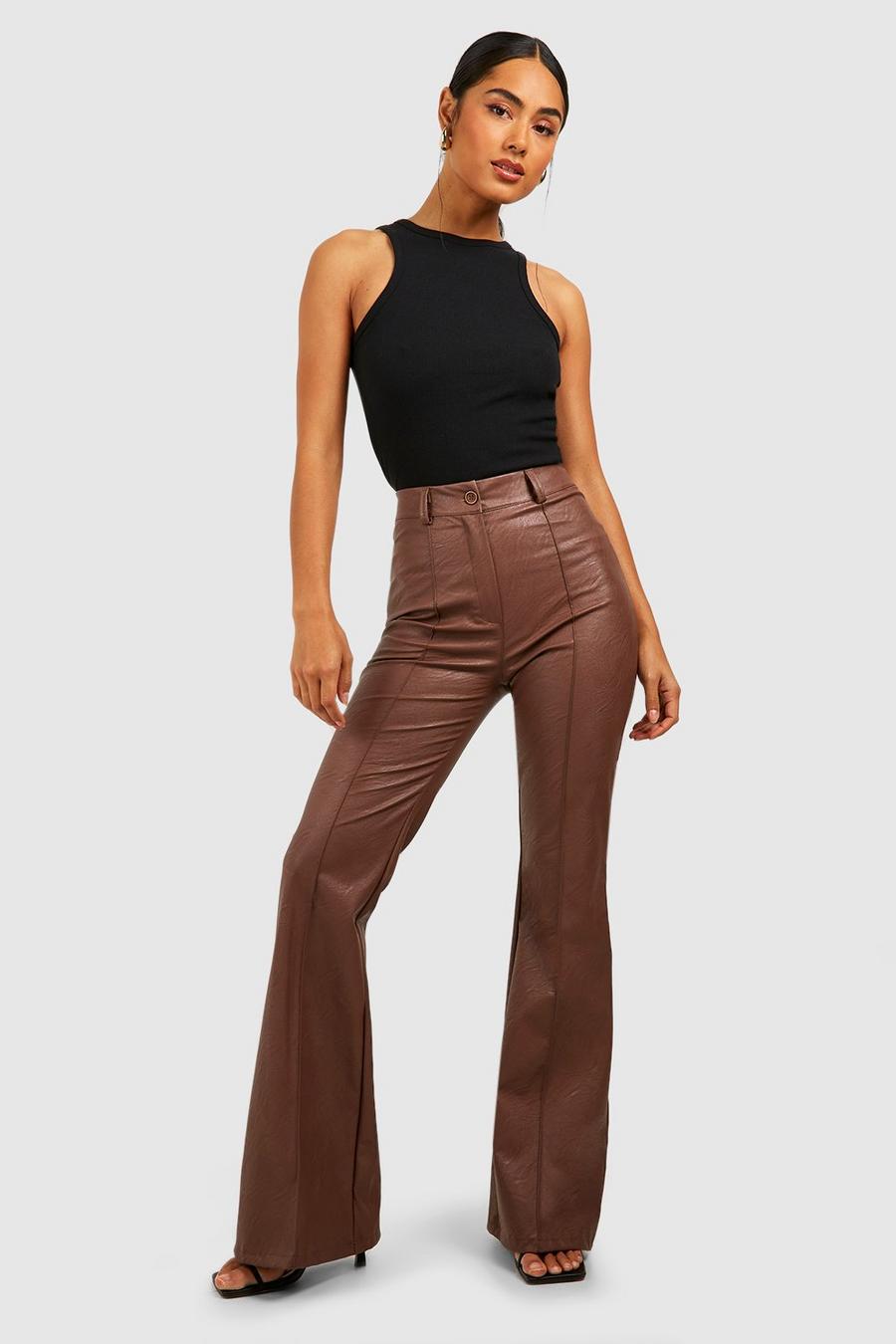 Chocolate Leather Look High Waisted Seam Front Flared Trousers image number 1