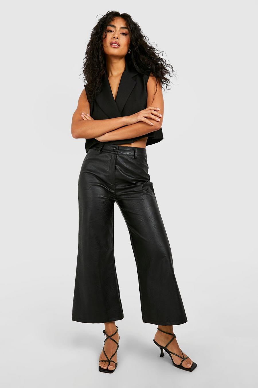 Black Leather Look Cropped Wide Leg Pants