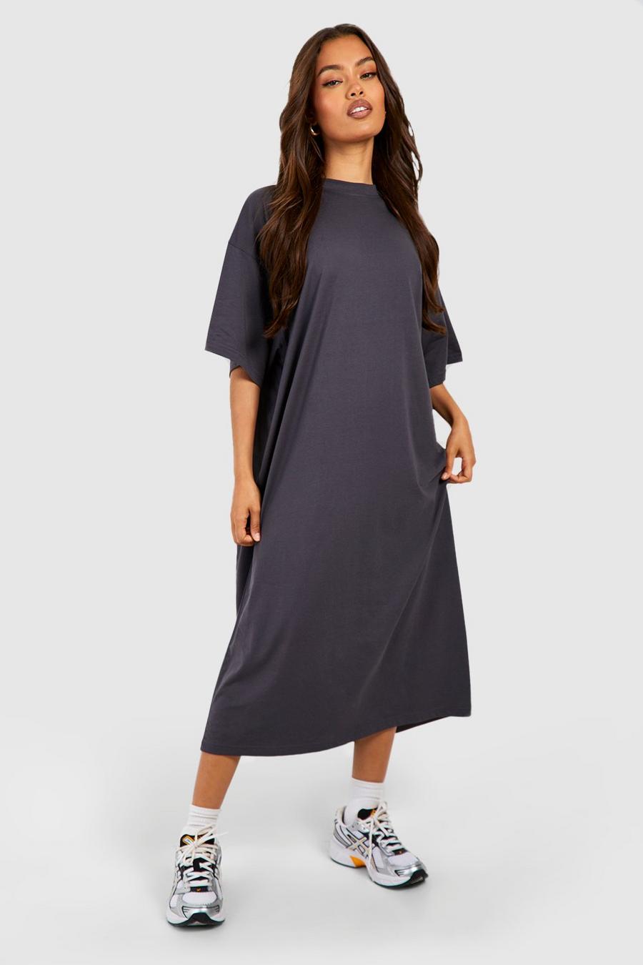 Super Oversize Midi T-Shirt-Kleid aus Baumwolle, Charcoal
