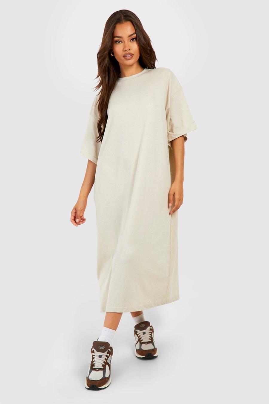 Super Oversize Midi T-Shirt-Kleid aus Baumwolle, Stone