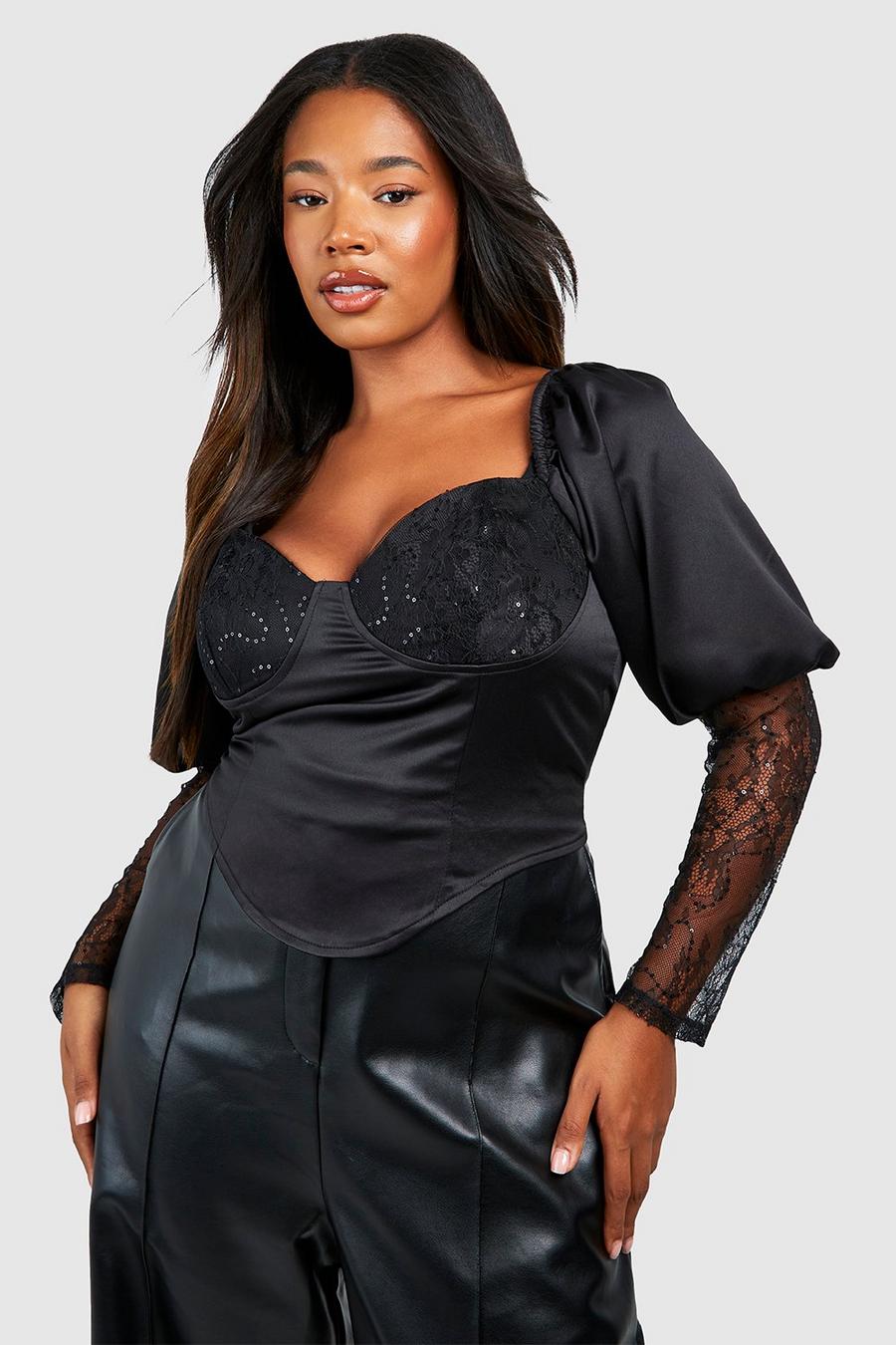Black Plus Sequin And Lace Corset Top image number 1