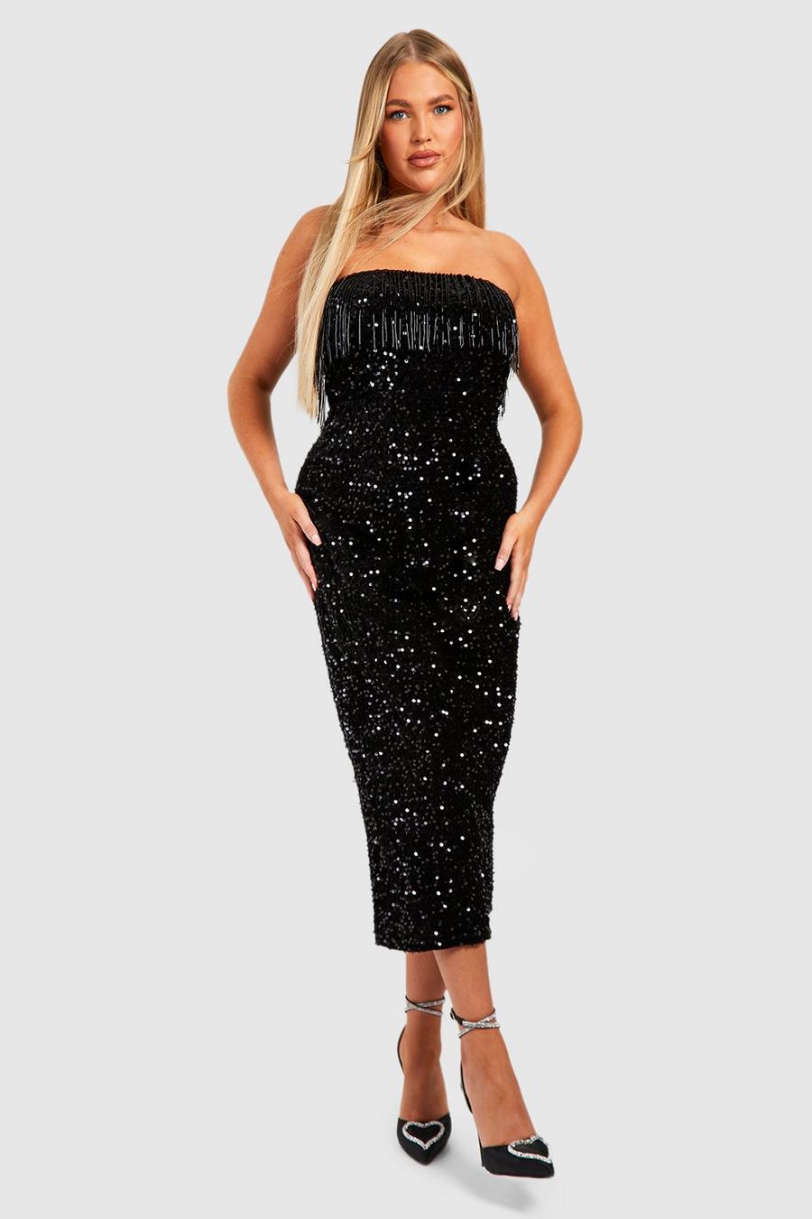 Black Plus Strapless Midaxi Jurk Met Kwastjes En Pailletten