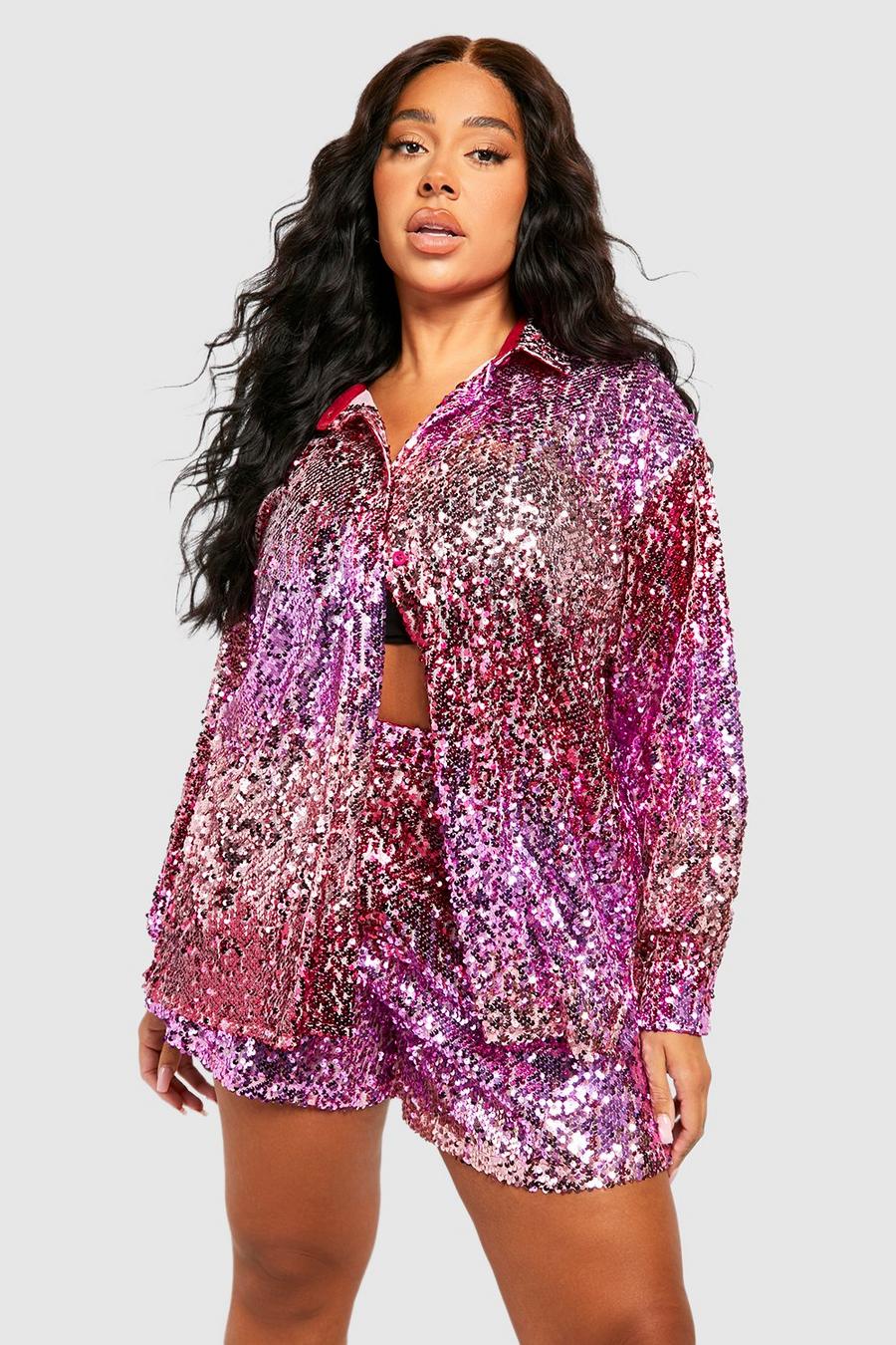 Camicia Plus Size oversize sfumata con paillettes, Pink