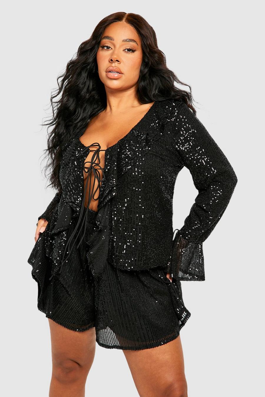 Blusa Plus Size con paillettes, arricciature e laccetti frontali, Black