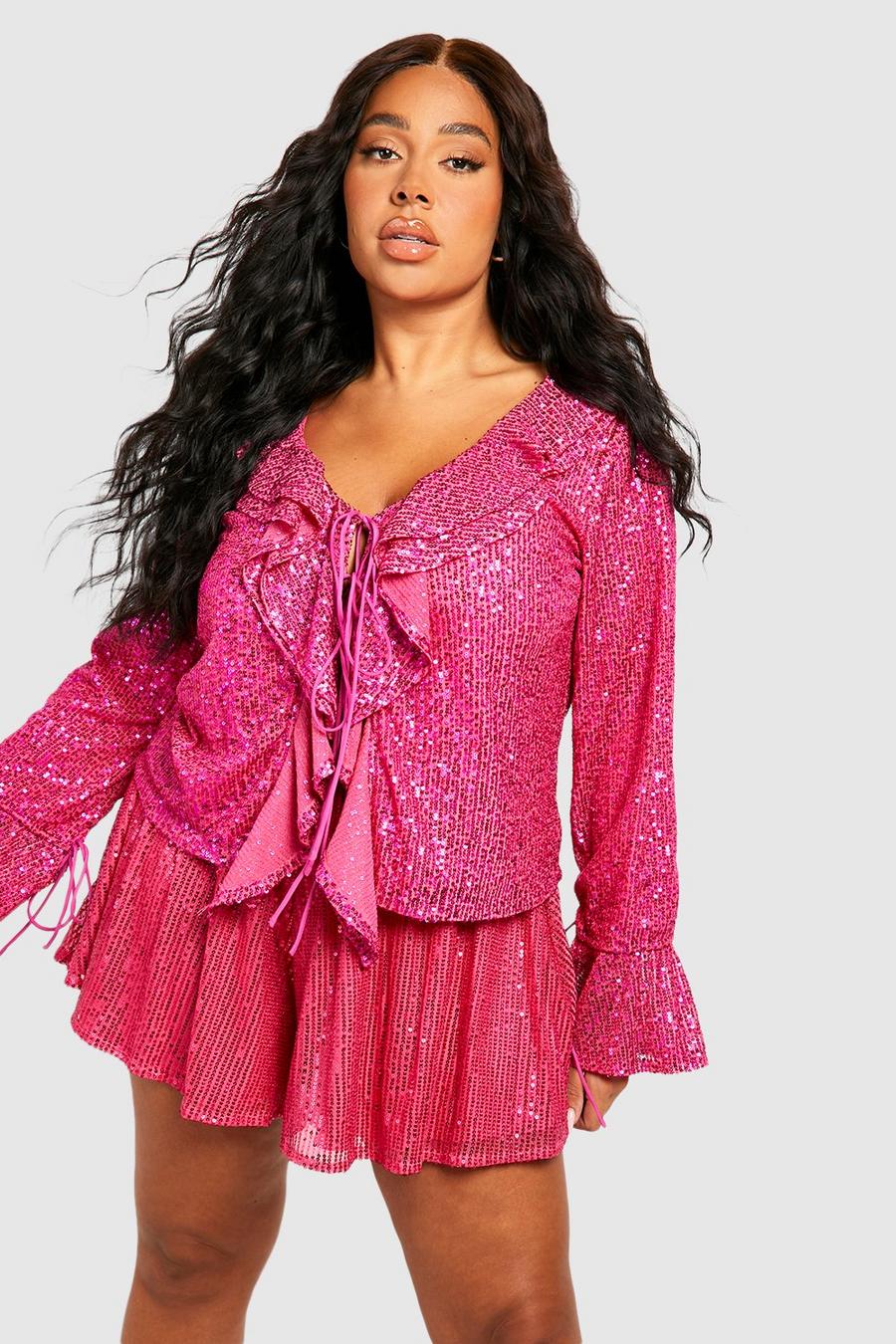 Hot pink Plus Sequin Ruffle Tie Front Blouse
