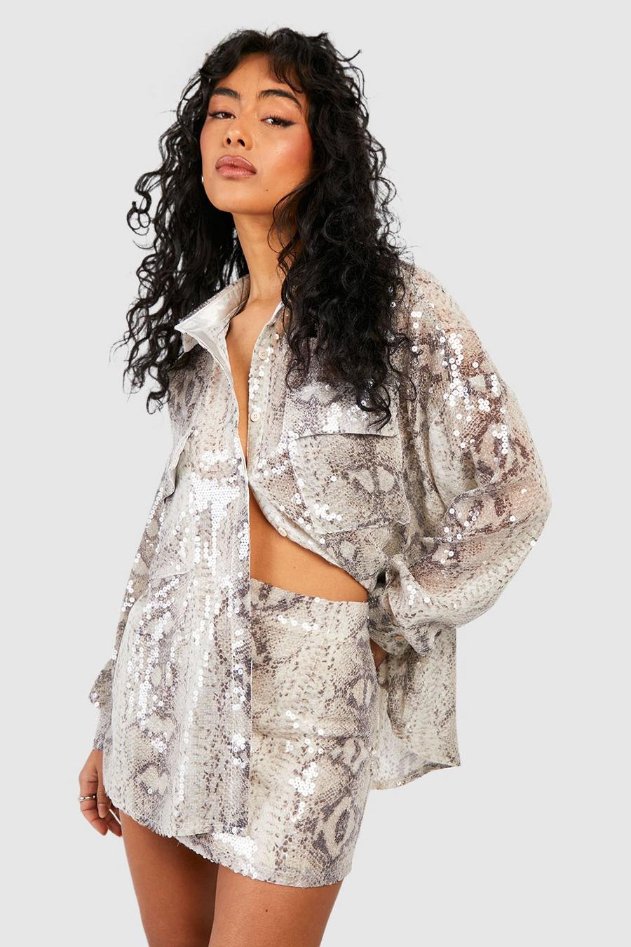 Camicia oversize effetto pelle di serpente con paillettes, Stone