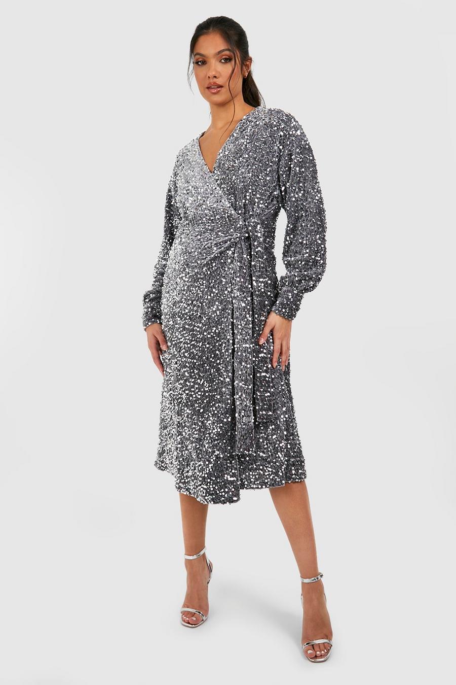 Silver Maternity Velvet Sequin Wrap Midi Dress image number 1
