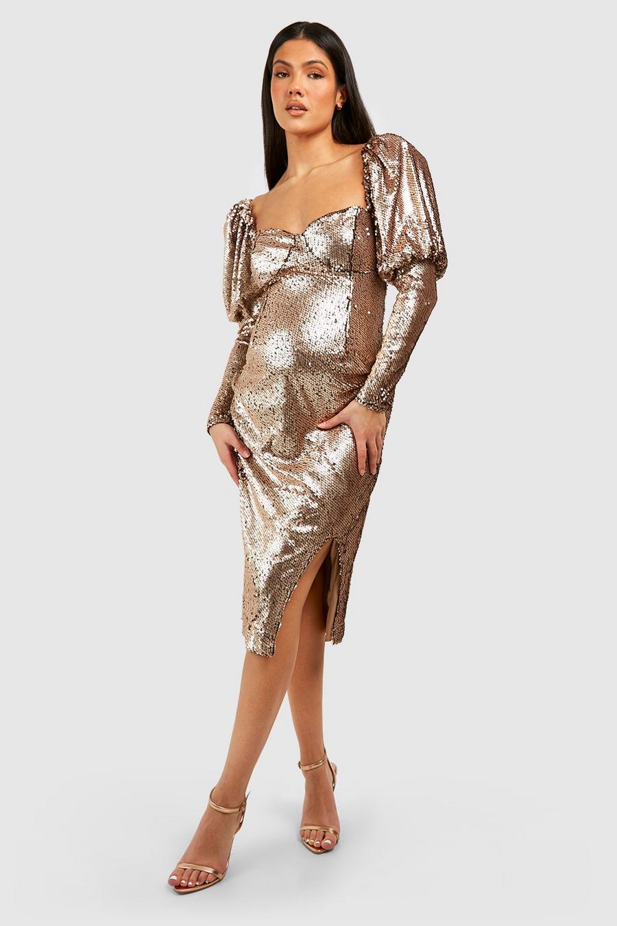 Bronze Maternity Sequin Puff Sleeve Dress