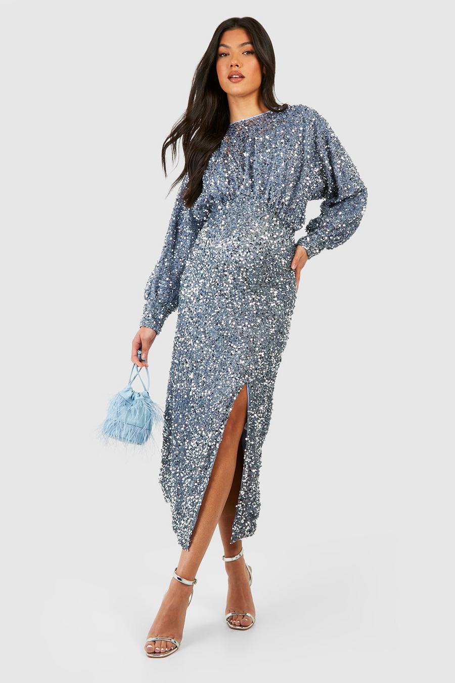Silver Maternity Puff Sleeve Sequin Midaxi Dress