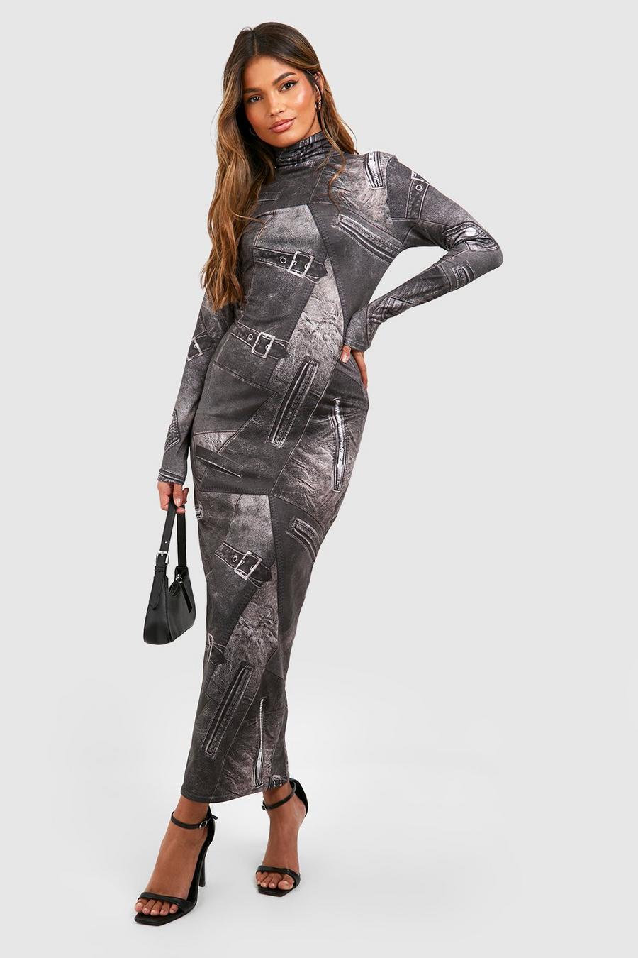 Black Denim Printed Jersey Knit Turtleneck Midi Dress