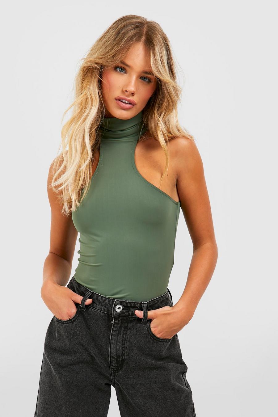 Green Matte Slinky Turtleneck Cut Away Bodysuit