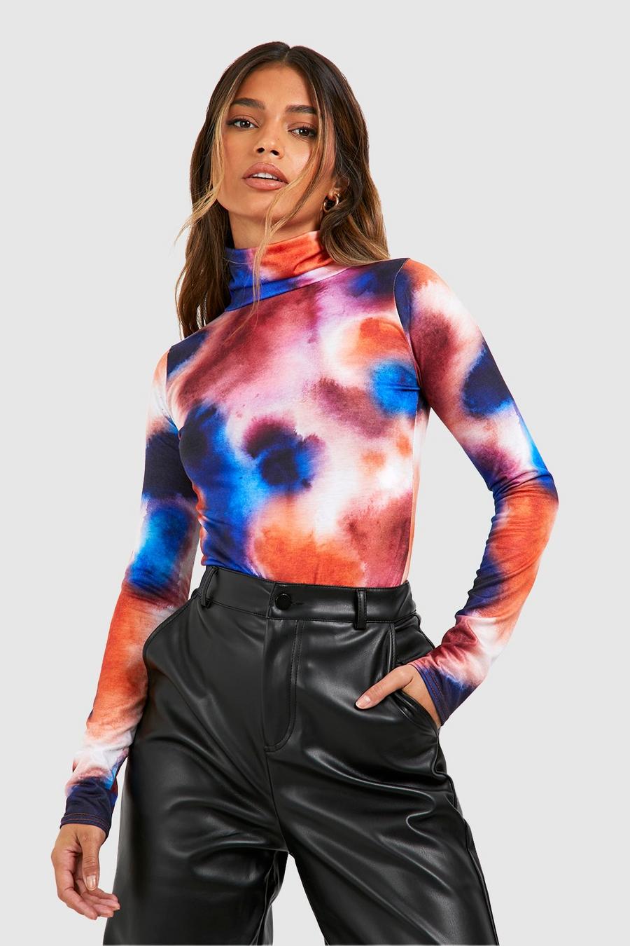 Purple Abstract Marble Long Sleeve Roll Neck Bodysuit 