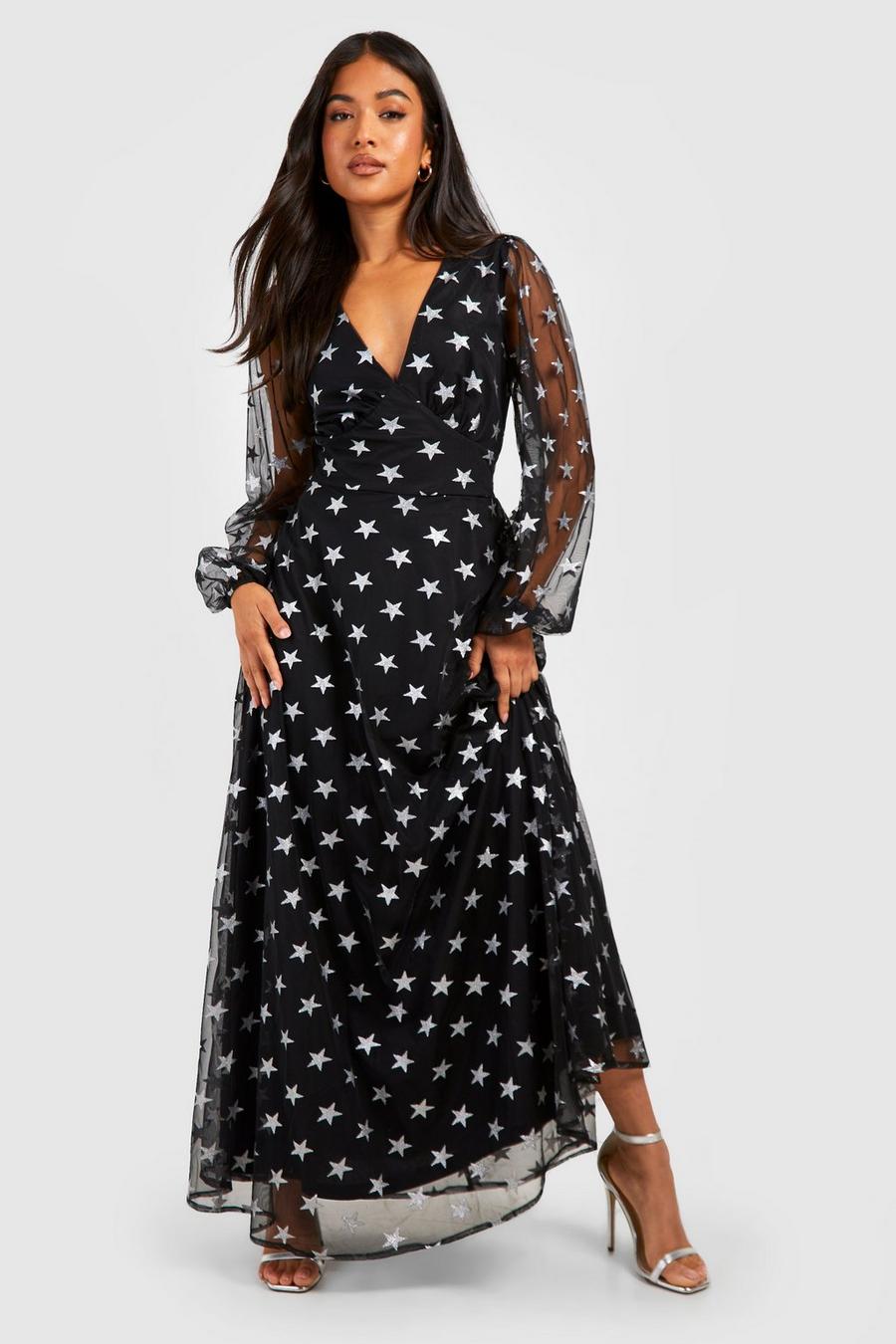 Vestido Petite maxi metálico con mangas bombachas y estampado de estrellas, Black