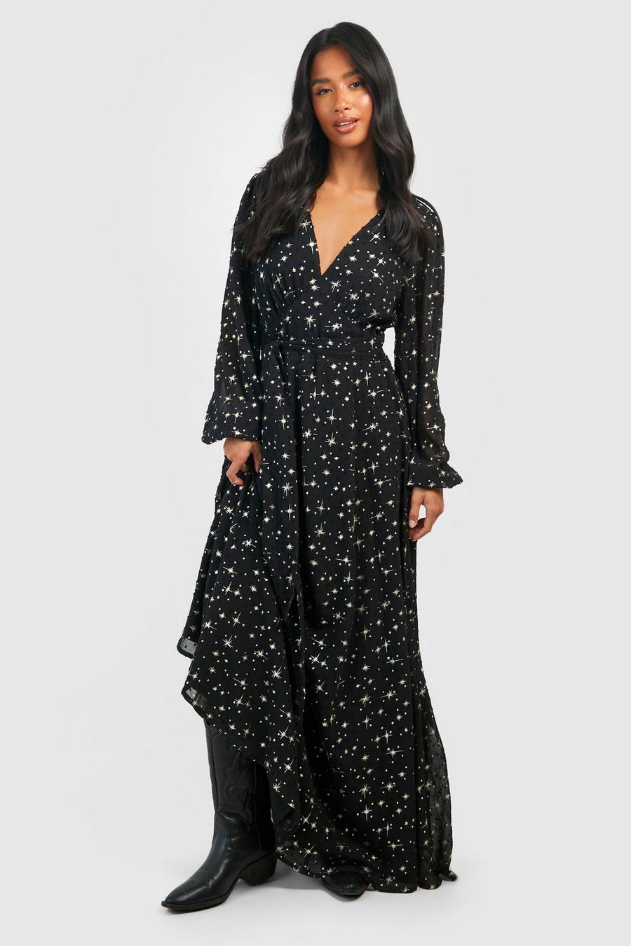 Black Petite Långklänning med volymärm i metallicfärg image number 1