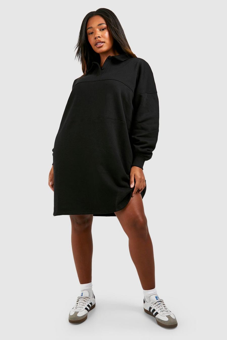 Plus Oversize Sweatshirt-Kleid mit V-Ausschnitt und Kragen, Black