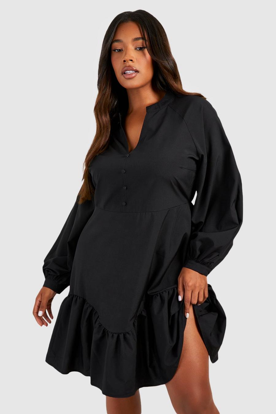 Black Plus Woven Button Down Tiered Smock Dress