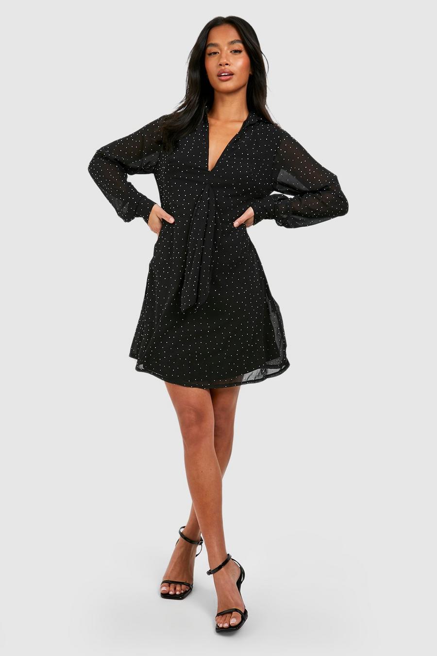 Black Petite Rhinestone Stud Drape Front Dress