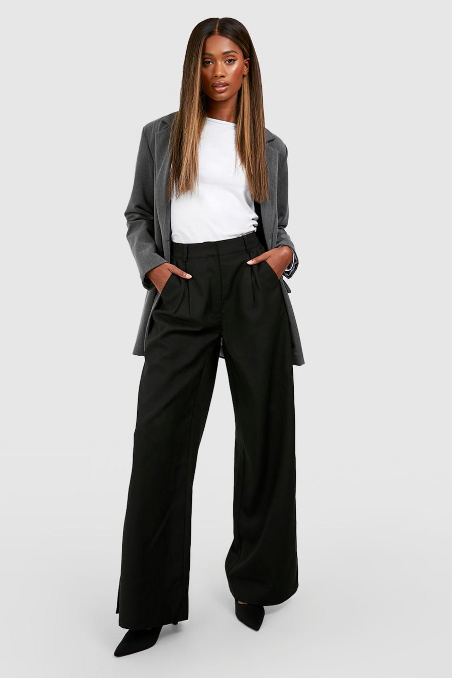 Black High Waisted Pleat Tailored Split Hem Pants